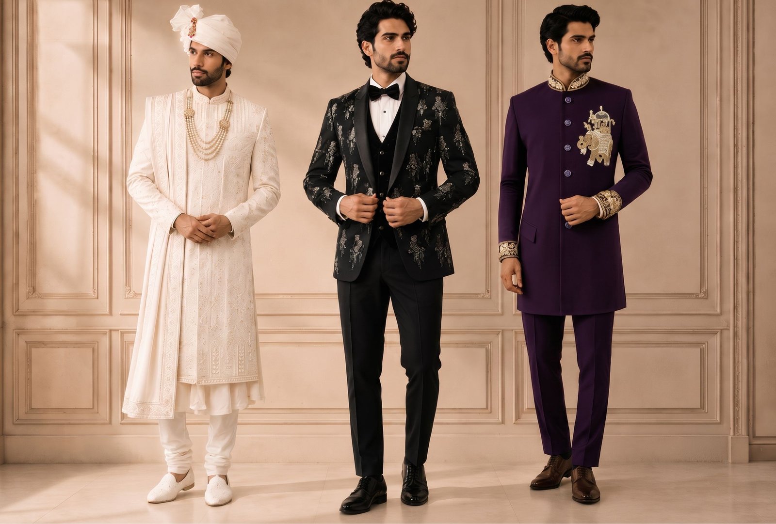 Three Siddha looks — an ivory sherwani, a black embellished tuxedo and a purple Jodhpuri