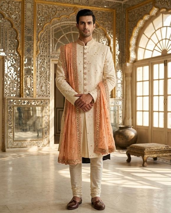Ivory sherwani, gold work — Sherwanis
