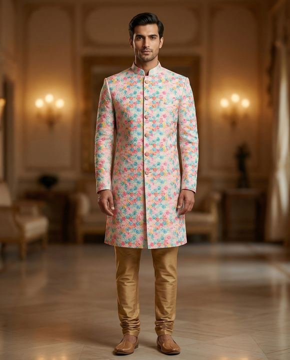 Cream sherwani, all-over work — Sherwanis